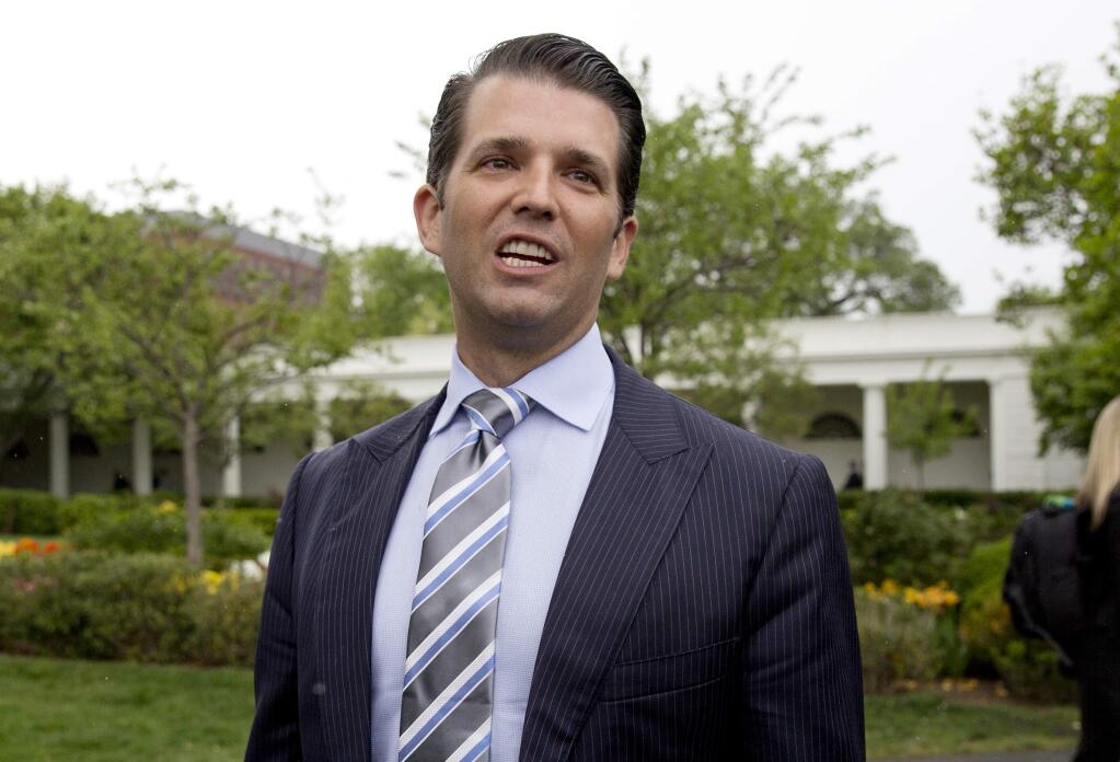 In this April 17, 2017 file photo, Donald Trump Jr., the son of President Donald Trump, speaks to media on the South Lawn of the White House in Washington. President Trump's oldest son is expected to meet privately Thursday with a Senate committee investigating Russian interference in the 2016 presidential election. Donald Trump Jr.'s closed-door appearance before the Senate Judiciary Committee is likely to focus on a meeting he convened with a Russian lawyer during the campaign. Emails released in July show Trump Jr. was told the meeting at Trump Tower was part of a Russian government effort to aid his father during the election. (AP Photo/Carolyn Kaster)