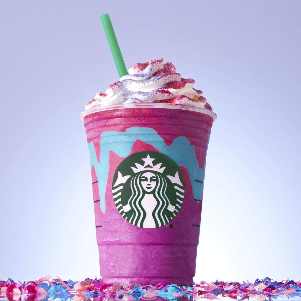 This photo provided by Starbucks shows the company's “Unicorn Frappuccino.' Starbucks says its newest beverage not only changes colors with a stir of the straw, but flavors as well. The Seattle chain says its “Unicorn Frappuccino” starts as a purple drink with blue swirls that tastes sweet and fruity, before changing to pink with a tangy and tart taste with a stir of the straw. The company says the drink is available for a limited time while supplies last, from April 19 to April 23, 2017, in the United States, Canada and Mexico. (Starbucks via AP)