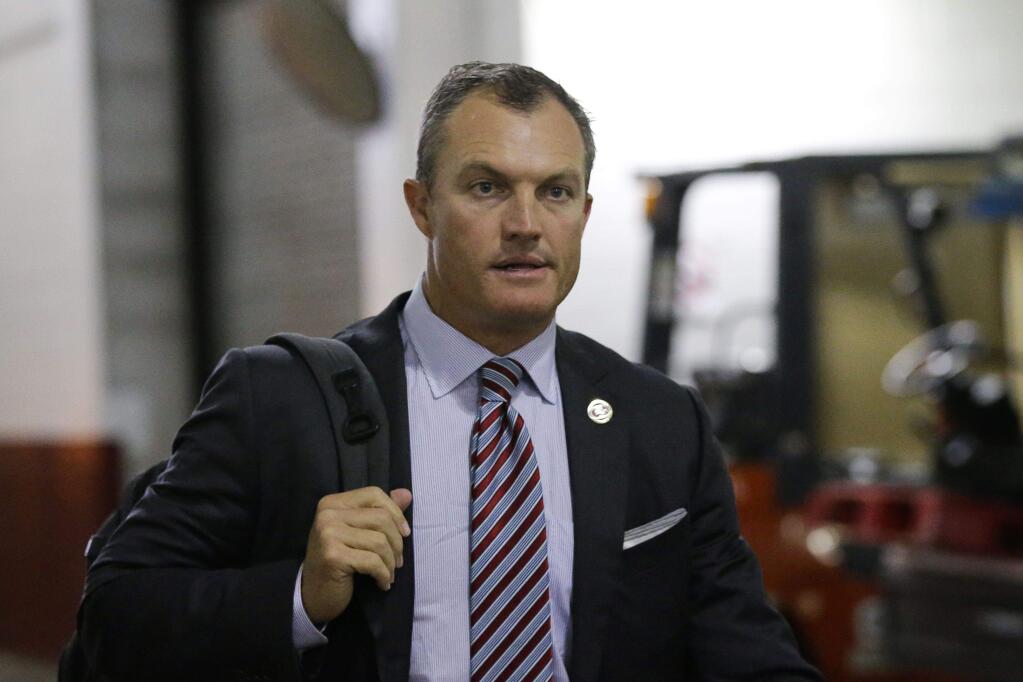 San Francisco 49ers general manager John Lynch arrives before a game against the Washington Redskins in Landover, Md., Sunday, Oct. 15, 2017. (AP Photo/Mark Tenally)