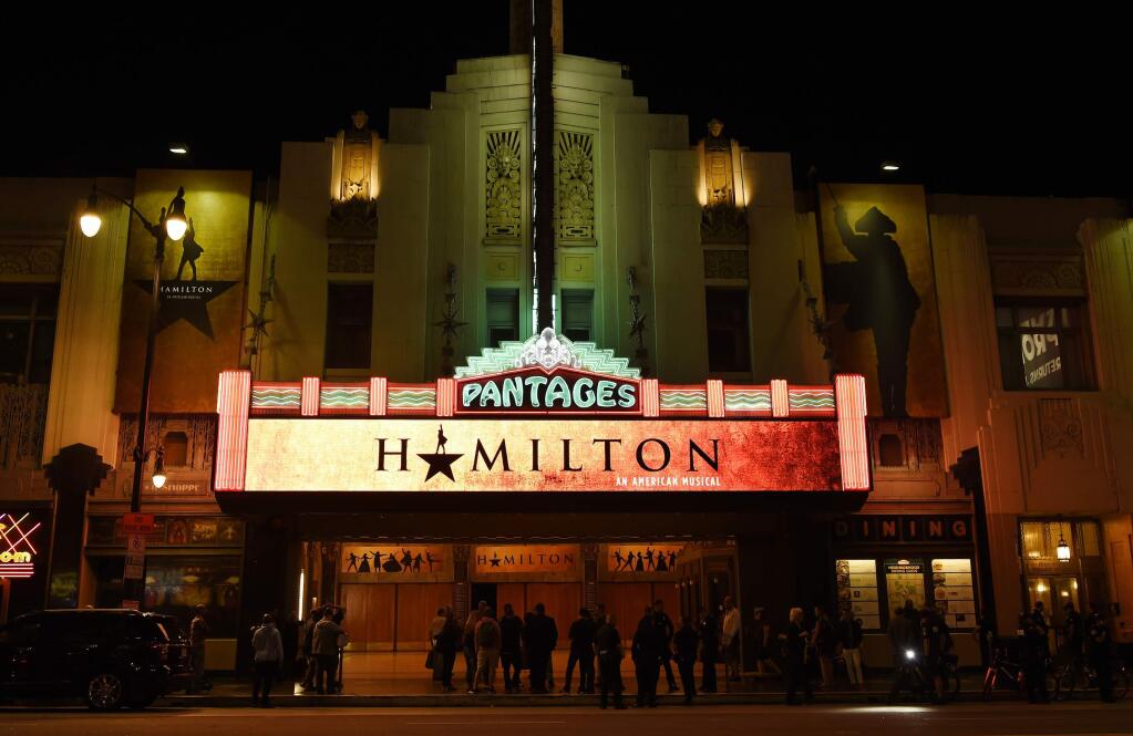 FILE - This Aug. 16, 2017 file photo shows The Pantages Theatre on the opening night of the Los Angeles run of 'Hamilton: An American Musical' in Los Angeles. Chaos broke out during a performance of the musical 'Hamilton' at San Francisco's Orpheum theater after audience members mistook a medical emergency for a shooting on Friday, Feb. 15, 2019. (Photo by Chris Pizzello/Invision/AP, File)