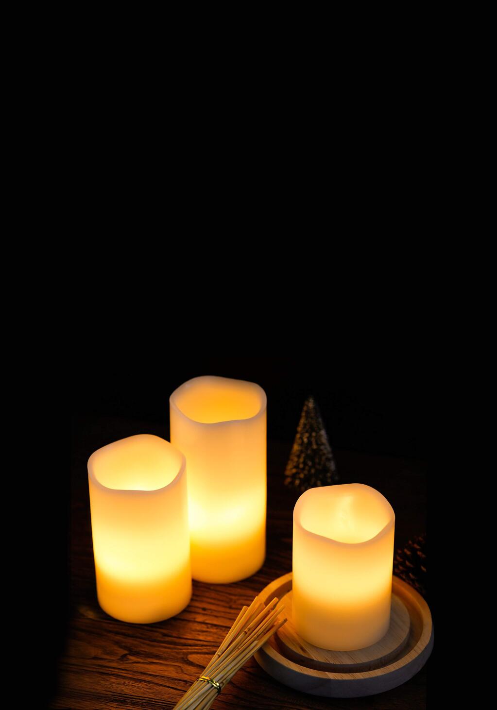 A LED flameless candle set: These real wax battery operated candles come in sets of 3 ($8) with real candle flickering affect. Candles should not be placed in direct sunlight, especially on hot days. (cedarandpineevents.com)