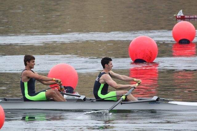 SEANA GAUSE PHOTONorth Bay Rowing Club's Ben Holm and Ryan Cardiff cross the finish line in the Southwest Regional Youth Championships. The local pair's time earned them a spot in the National Championships this weekend in New Jersey.