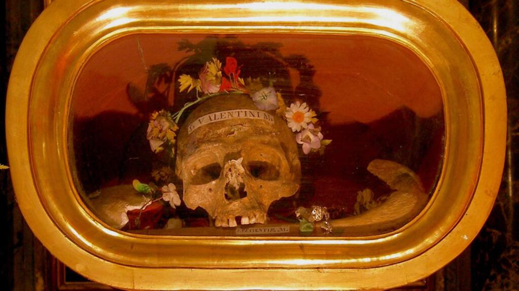 The actual skull of St. Valentine (or so some believe), on display at the Basilica of Santa Maria in Cosmedin, Rome.