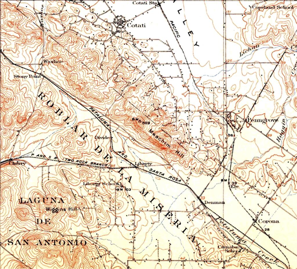 Meacham Hill, near the center, as shown on the 1916 Santa Rosa Quadrangle, U.S. Geological Survey topo map.