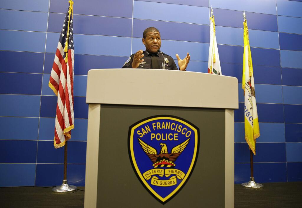 FILE - In this May 21, 2019, file photo, San Francisco Police Chief William Scott answers questions during a news conference in San Francisco. San Francisco police will stop responding to neighbor disputes, reports on homeless people, school discipline interventions and other non-criminal activities as part of a police reform plan announced Thursday, June 11, 2020. Mayor London Breed's said officers would be replaced on non-violent calls by trained and non-armed professionals to limit unnecessary confrontation between the police department and the community. (AP Photo/Eric Risberg, File)