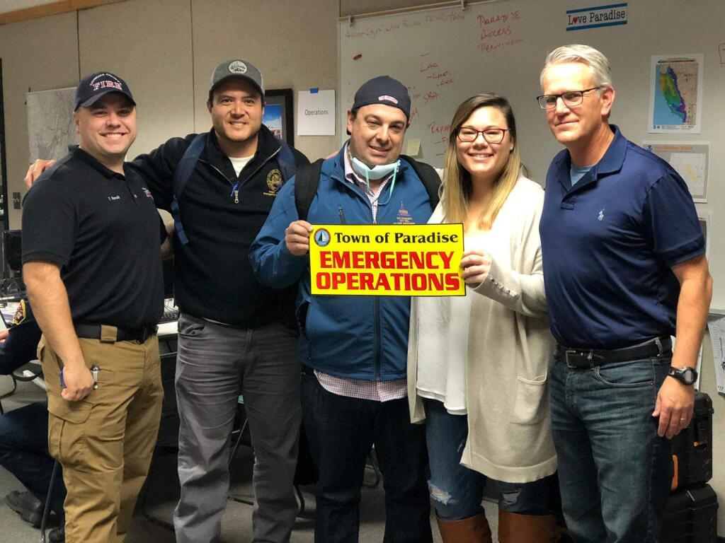 From left to right are Zach Hamill, emergency coordinator for Sonoma County Fire and Emergency Services Department; Thomas Chin, emergency services coordinator for the San Francisco Department of Emergency Management; Nick Majeski, emergency response manager for the general services agency with the City and County of San Francisco; Briana Khan, public information officer for the County of Sonoma; and Michael Dayton, deputy director of the San Francisco Department of Emergency Management. (Briana Khan)