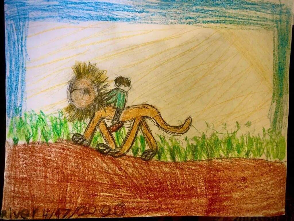 'RIVER'S LION': I didn't know I was going to win an award! admits River Sunshine, 7, of the pencil-and-crayon drawing Rivers Lion. The drawing is myself on a lion in a grassy field, adds the first grade student at Live Oak Charter School. Asked what place art has had while sheltering at home, Sunshine explains, It gives me something to do. And I like it.'