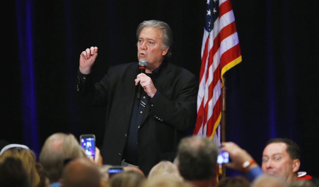 FILE - In this Oct. 17, 2017 file photo Steve Bannon, former strategist for President Donald Trump, speaks at a campaign rally for Arizona Senate candidate Kelli Ward in Scottsdale, Ariz. Bannon wants to oust Republican senators that he sees as disloyal to President Donald Trump. But when he comes to Southern California Friday, Oct. 20 he'll be in a state Trump lost by over 4 million votes and where Republicans have become largely irrelevant in state politics. (AP Photo/Ross D. Franklin,File)