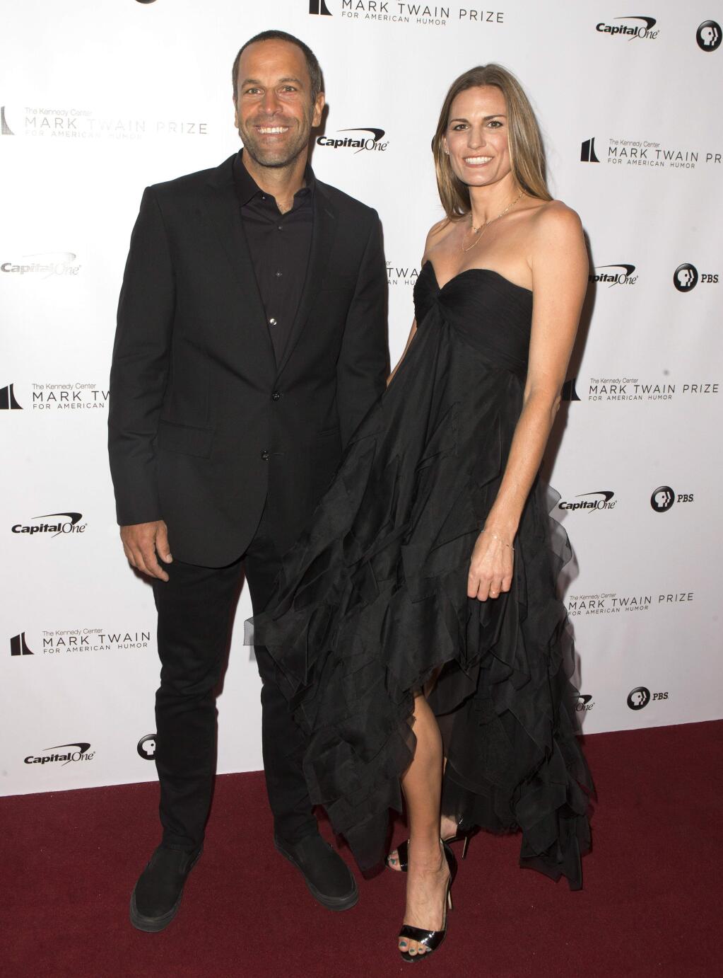 Jack Johnson with his wife Kim arrive at the Kennedy Center for the Performing Arts for the 21st Annual Mark Twain Prize for American Humor presented to Julia Louis-Dreyfus on Sunday, Oct. 21, 2018, in Washington, D.C. (Photo by Owen Sweeney/Invision/AP)