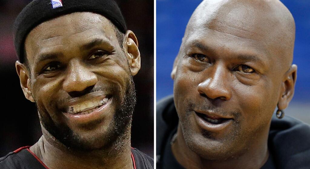 FILE - At left is a June 16, 2013, file photo showing LeBron James. At right is an Oct. 2, 2012, file photo showing Michael Jordan. LeBron James has often avoided talking about trying to match Michael Jordan's accomplishment. Now he's chasing ‘the ghost' of arguably the greatest player in NBA history. (AP Photo/File
