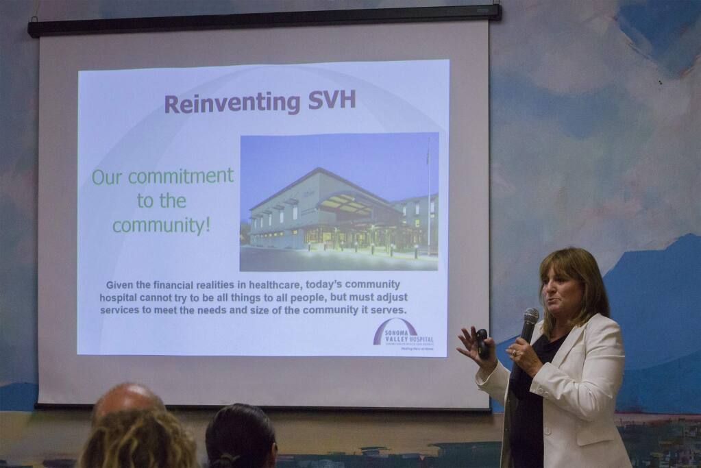 Kelly Mather, CEO of Sonoma Valley Hospital at the at the Hospital Board meeting on July 25, 2018, explained to those who gathered there how the hospital would need to change. (Photo by Robbi Pengelly/Index-Tribune)