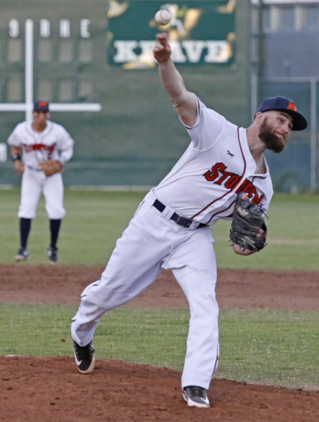 Billl Hoban/Index-TribuneSonoma Stomper starter Ethan Gibbons pitched seven strong innings Friday giving up only two runs in the Stompers 5-2 win over the Pittsburg Diamonds. The Stompers will be at home Wednesday, Thursday and Friday this week.