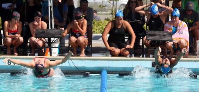 CRISTA JEREMIASON/THE PRESS DEMOCRATThe start of the girls 200 IM in the Sonoma County League Swimming Championships held at the Petaluma Swim Center.