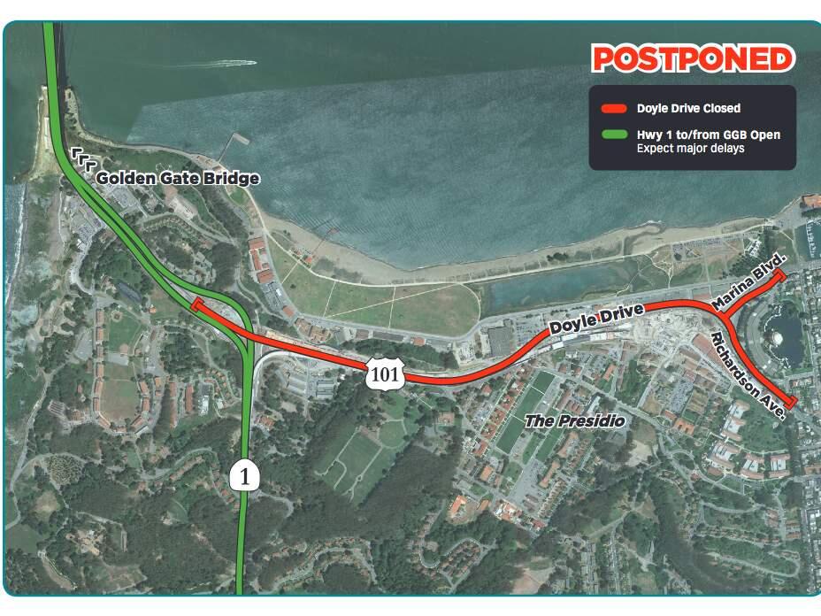 A weekend closure of Doyle Drive has been postponed to complete all testing and software integration of the tunnel fire-life-safety, traffic and communications systems. (PRESIDIOPARKWAY.ORG)