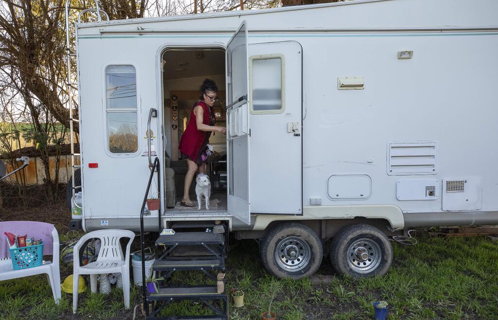 Yvette Morris is one of 19 formerly homeless people living in trailers in Park Village community in Sebastopol. The city of Sebastopol and West County Community Services partnered on the project. (photo by John Burgess/The Press Democrat)