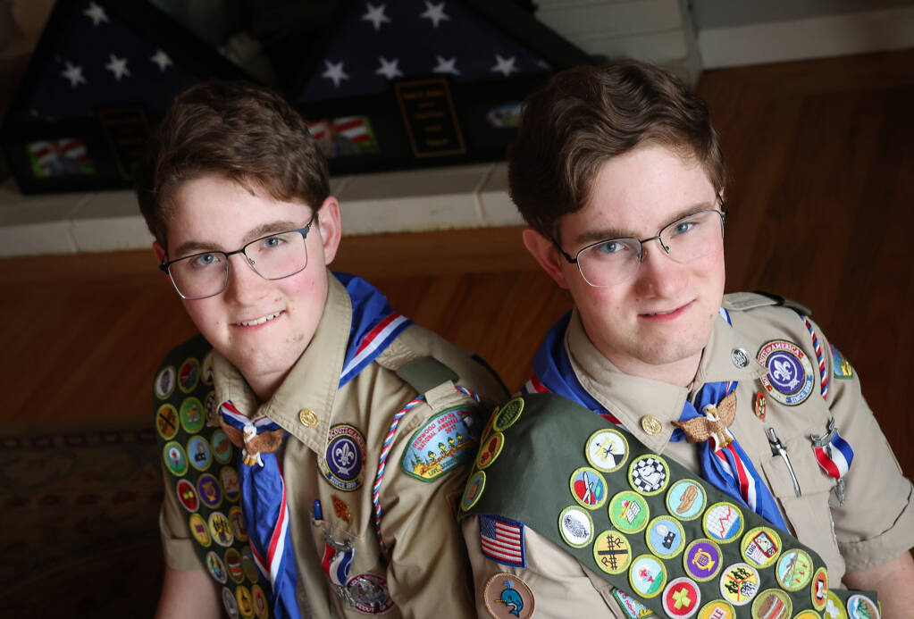 Twin brothers Travis, left, and Austin Richter earned their Eagle Scout ranks in December 2022.  The Montgomery High School juniors built seating areas at Strawberry Elementary School for their project.  Photo taken in Santa Rosa on Thursday, March 9, 2023.  (Christopher Chung/The Press Democrat)