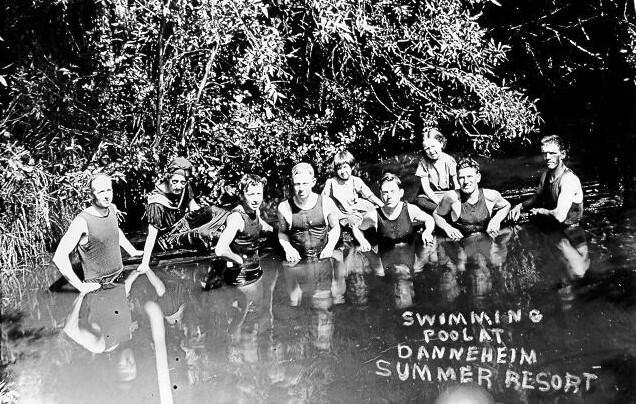 An unidentified group of children and adults at the swimming pool at the Danneheim Summer Resort in Kenwood, circa 1928. (Sonoma County Library)
