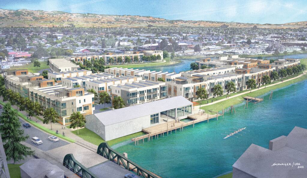 An artist’s depiction of the proposed “Oyster Cove” condo development along East D Street. (COURTESY OF URBANMIX DEVELOPMENT AND THE CITY OF PETALUMA)