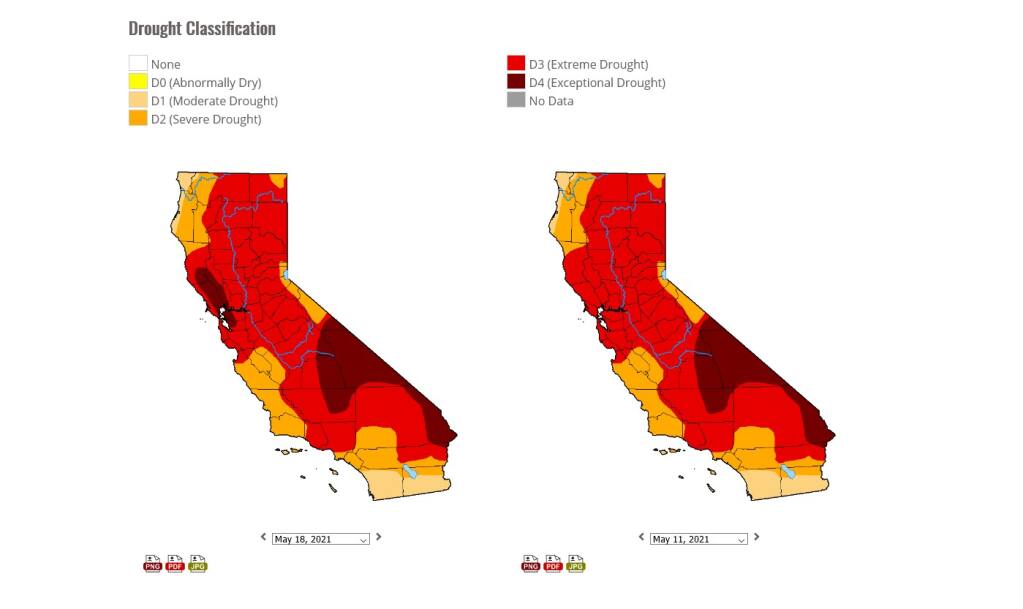 U.S. Drought Monitor two-week comparison of California, May 11, 2021 and May 18, 2021.