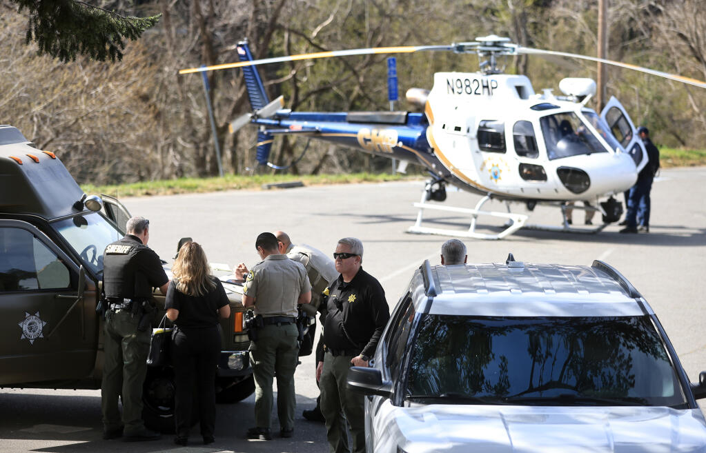 A command post is established at the Monte Rio Community Center/Beach parking lot for the search of a gunman, Tuesday, March 1, 2022. (Kent Porter / The Press Democrat)