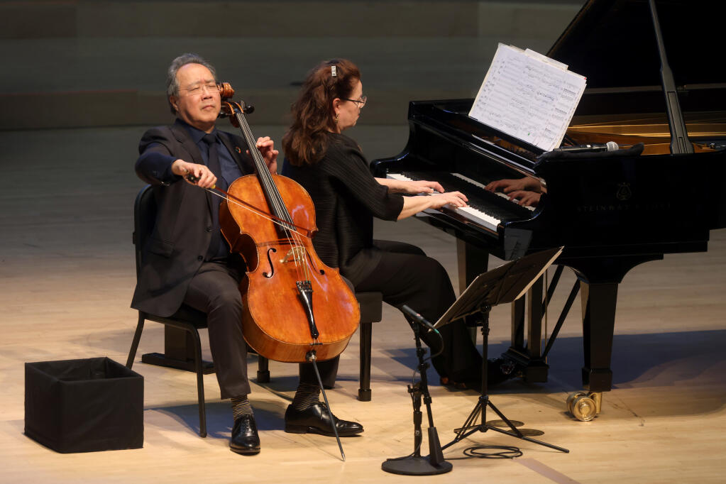 Cellist Yo-Yo Ma and pianist Kathryn Stott perform for full house in Weill Hall at the Green Music Center on the Sonoma State University campus in Rohnert Park, Sunday, April 2, 2023. (Beth Schlanker/The Press Democrat)