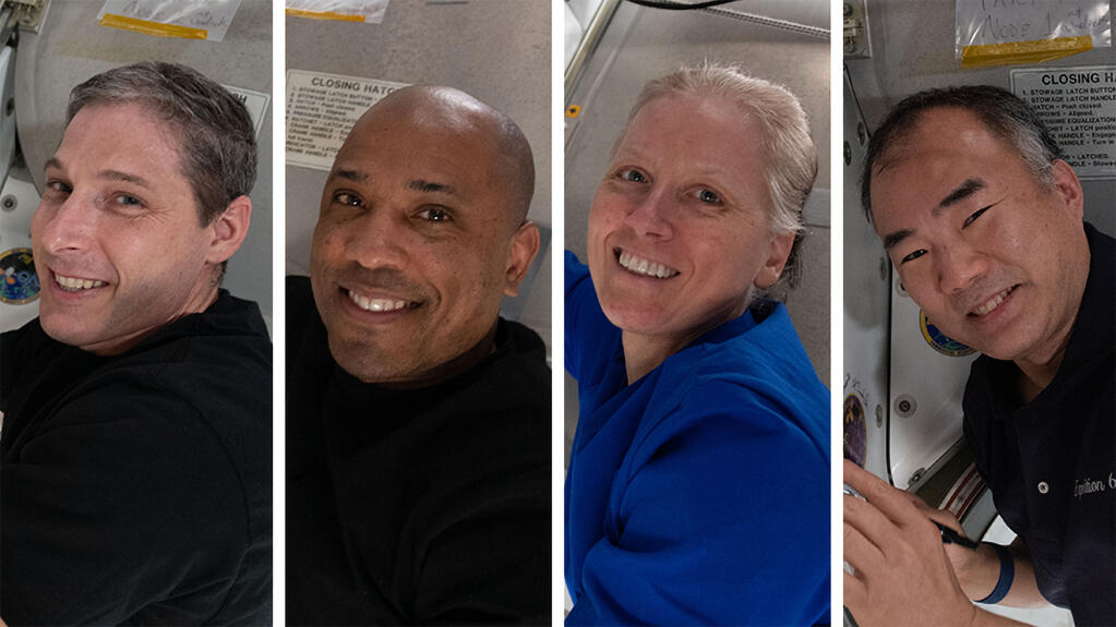 This photo combination provided by NASA shows from left,  Expedition 64 Flight Engineers and SpaceX Crew-1 members Michael Hopkins, Victor Glover, Shannon Walker and Soichi Noguchi.   SpaceX is targeting the predawn hours of Sunday, May 2,  to bring back three NASA astronauts and one from Japan, after dangerously high wind scuttled a pair of earlier attempts. (NASA via AP)