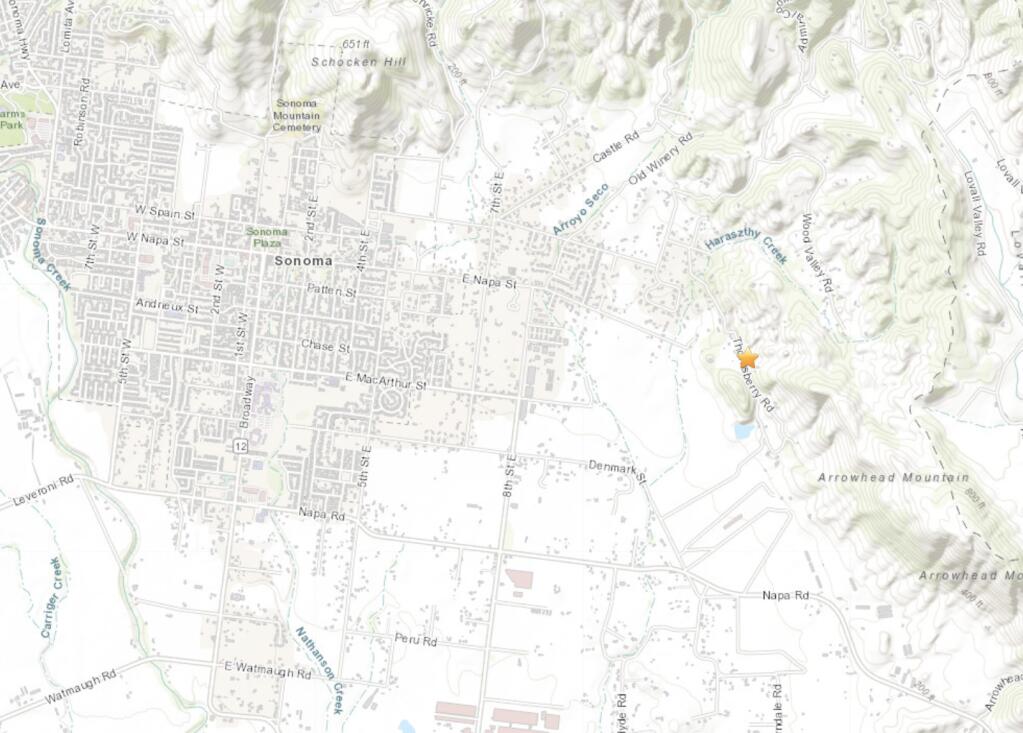 The star on this U.S. Geological Survey map denotes the epicenter of a 2.7 magnitude earthquake that hit Sonoma County Wednesday, Sept. 14, 2022. (USGS)