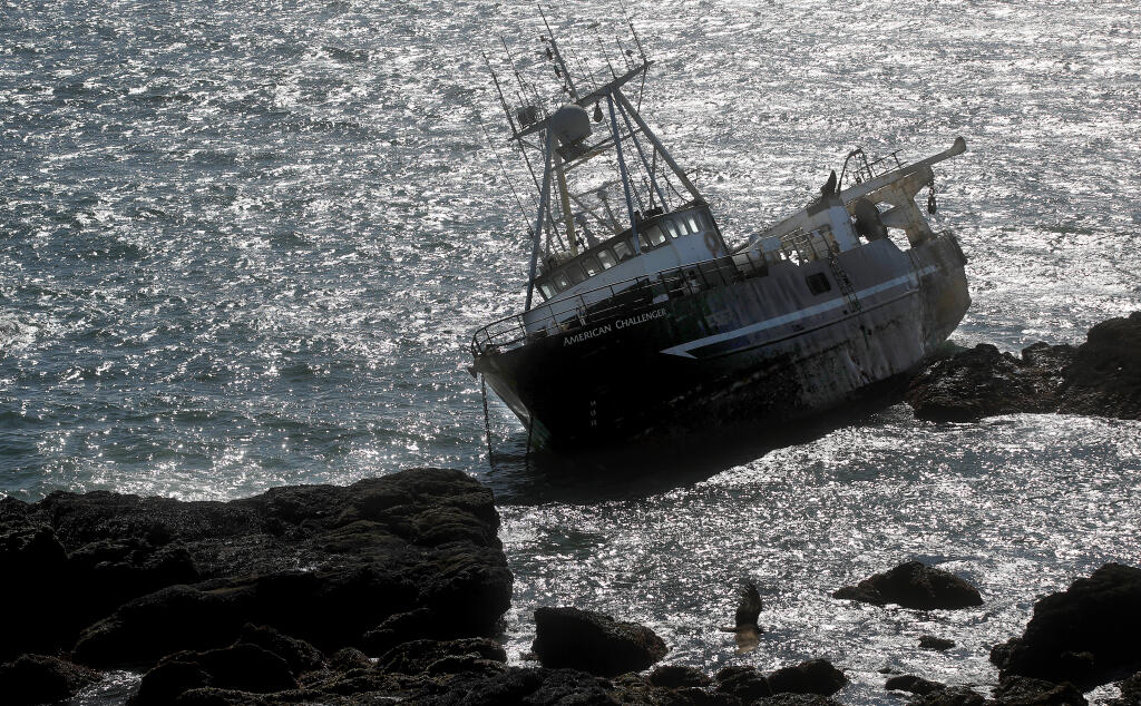 The American Challenger shipwreck stranded  on the shore between Lawsons Landing and Bodega Bay, Friday, March 12, 2021.  (Kent Porter / The Press Democrat) 2021