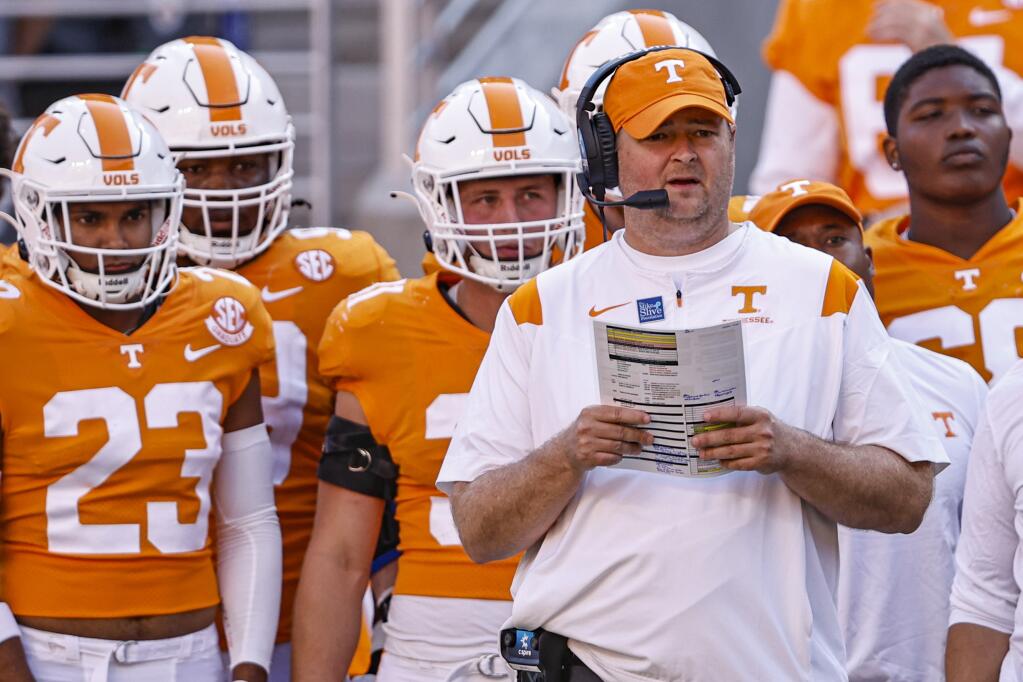 Tennessee head coach Josh Heupel watches his team during the first half Sept. 24 against Florida in Knoxville. (Wade Payne / ASSOCIATED PRESS)