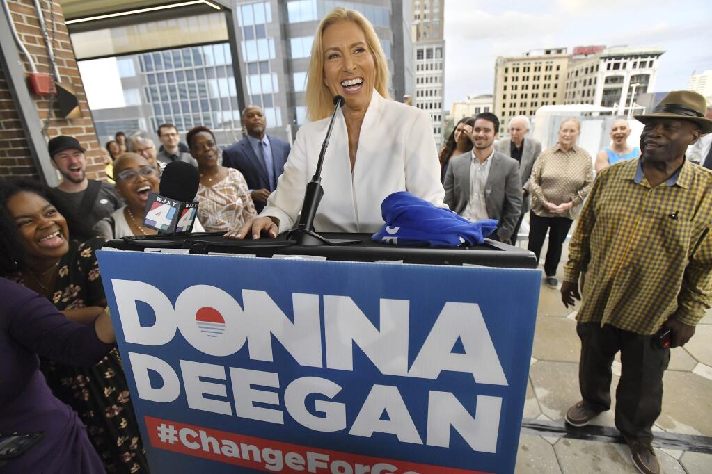 Donna Deegan smiles while speaking with supporters in her run for mayor of Jacksonville, Fla., Tuesday, May 16, 2023. Deegan defeated Republican Daniel Davis, becoming the first female to be elected as the city's mayor. (Bob Self/The Florida Times-Union via AP)