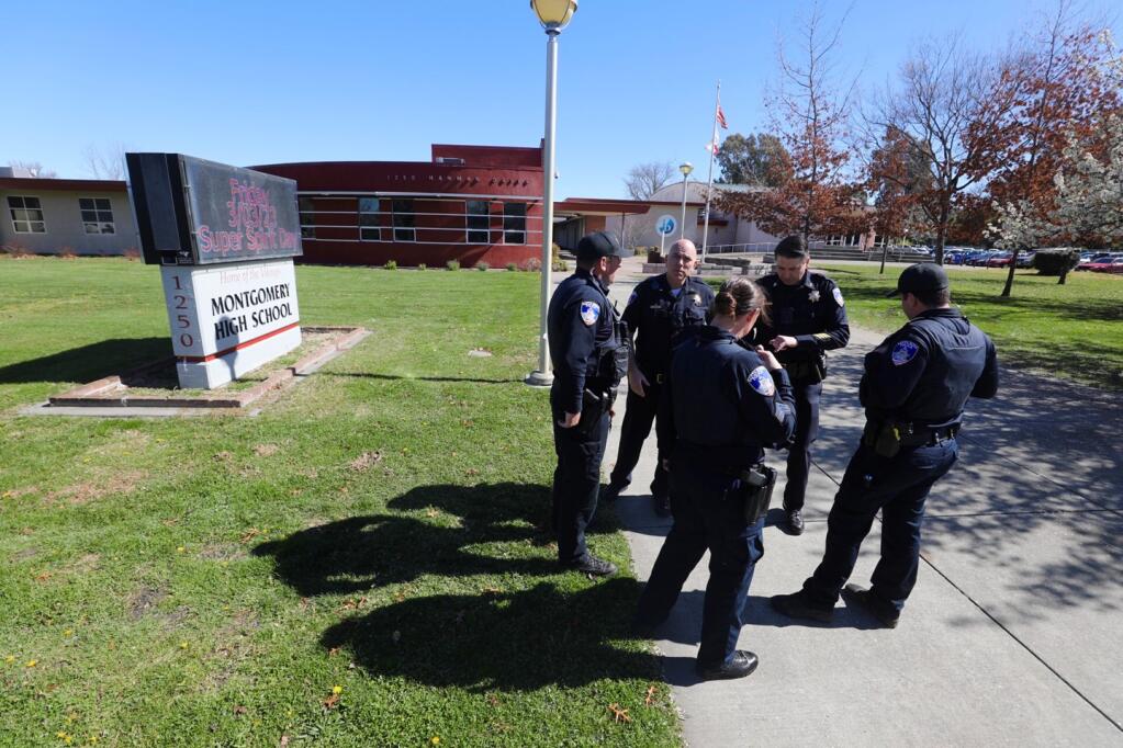 Santa Rosa police at Montgomery High School in Santa Rosa after a classroom fight turned fatal and prompted the lockdown of the campus, Wednesday, March 1, 2023. (Beth Schlanker / The Press Democrat)