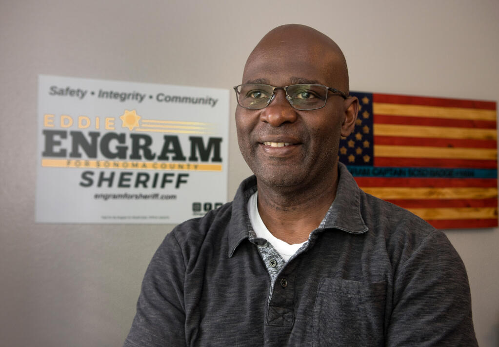 Eddie Engram, a candidate for Sonoma County sheriff, stands inside his home office May 7, 2022, in Santa Rosa. (Darryl Bush / For The Press Democrat)