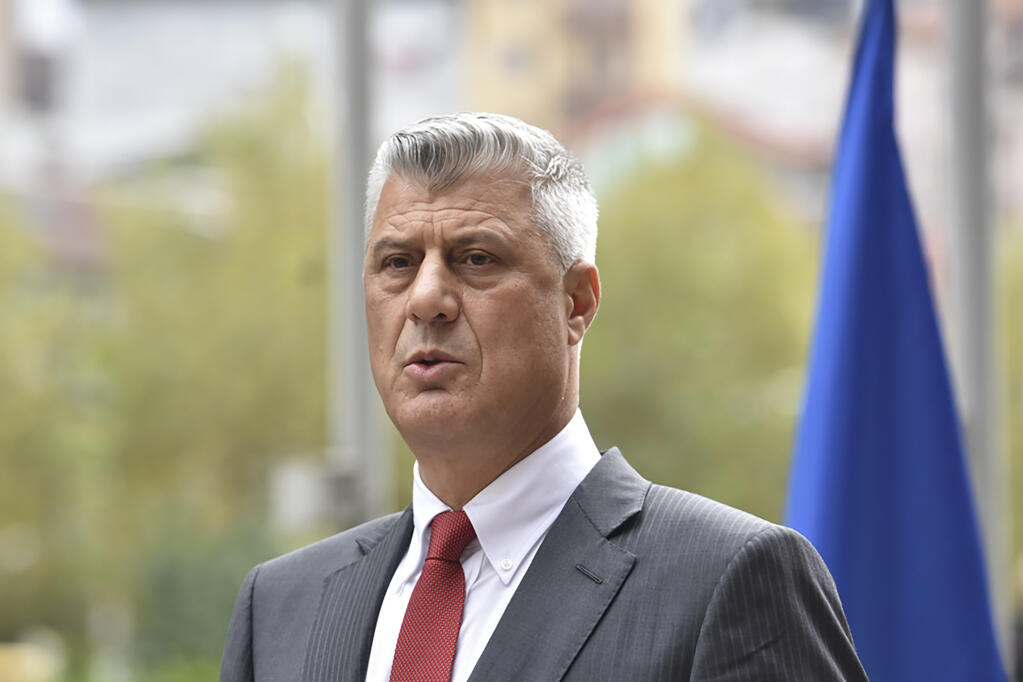 Kosovo president Hashim Thaci addresses the nation as he announced his resignation to face war crimes charges in Kosovo capital Pristina on Thursday, Nov. 5, 2020. Thaci, a guerrilla leader during Kosovo’s war for independence, has resigned in order to face charges for war crimes and crimes against humanity issued by at a special court based in The Hague, Netherlands. Thaci announced his resignation at a news conference on Thursday. He said he was taking the step “to protect the integrity of the presidency of Kosovo.”  (AP Photo/Visar Kryeziu)