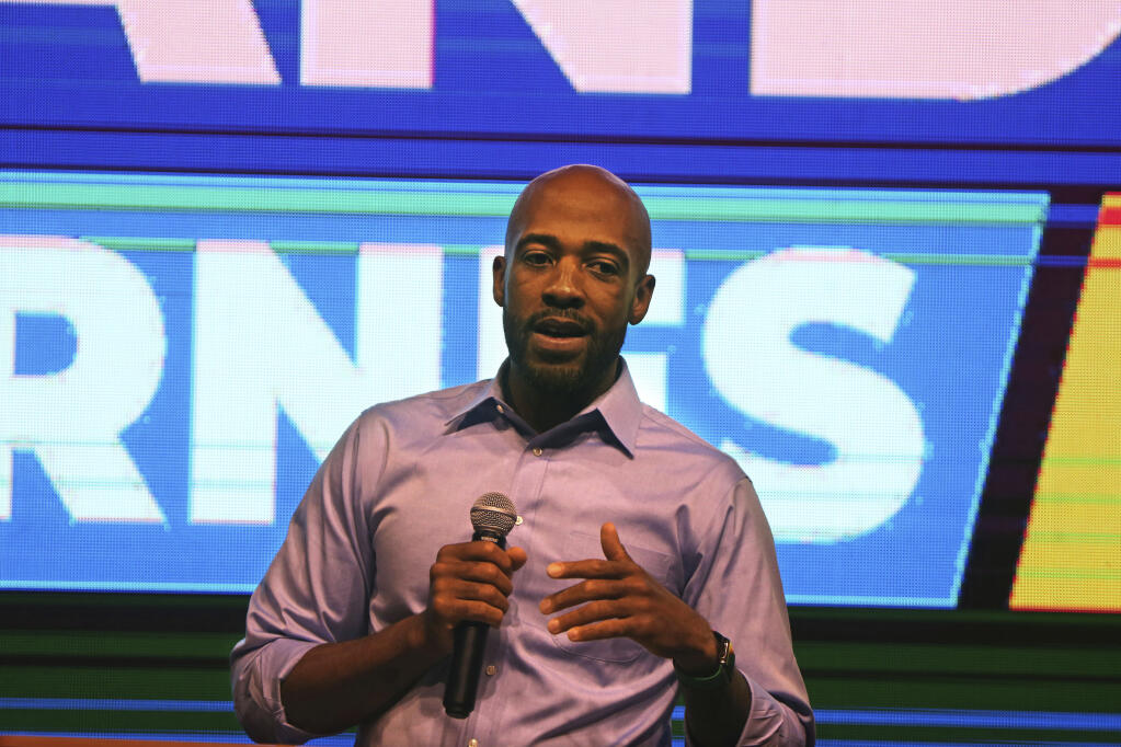 Mandela Barnes speaks to supporters  at The Cooperage after the Democratic Senate primary in Milwaukee, on Tuesday, Aug. 9, 2022. (Angela Peterson/Milwaukee Journal-Sentinel via AP)