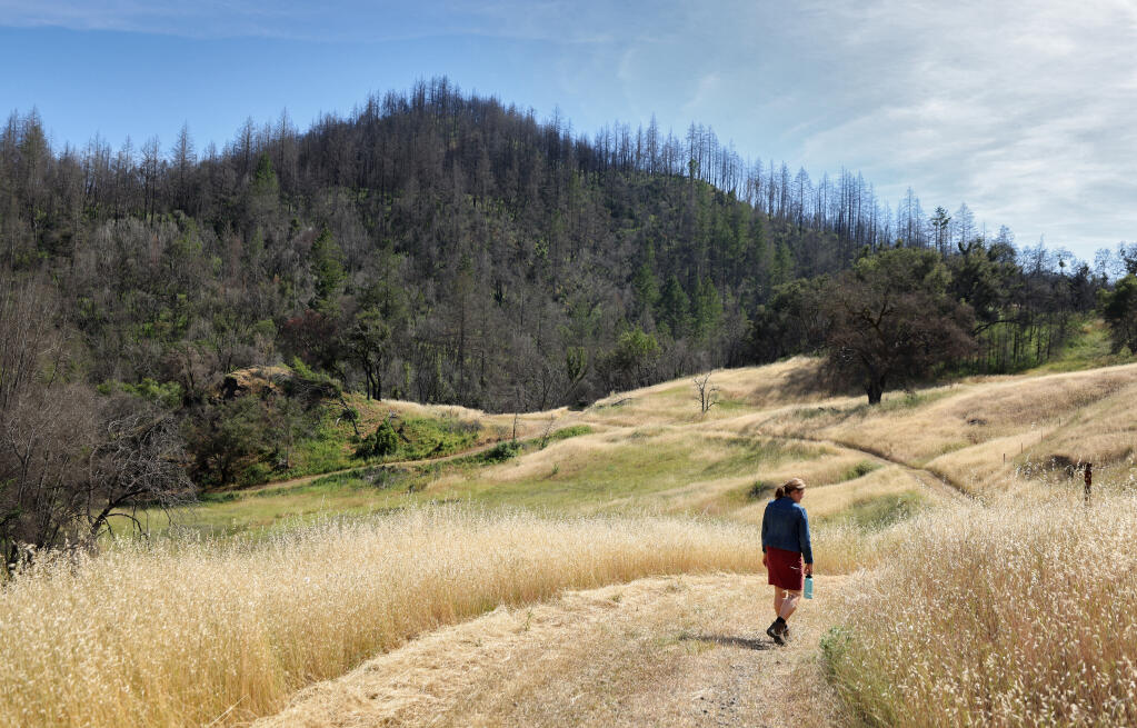 Sonoma County Regional Parks deputy director Melanie Parker walks along the Hood Mountain Trail during a preview for the reopening of Hood Mountain Regional Park, east of Santa Rosa on Wednesday, May 25, 2022. The park will reopen to the public this Saturday. (Christopher Chung/ The Press Democrat)