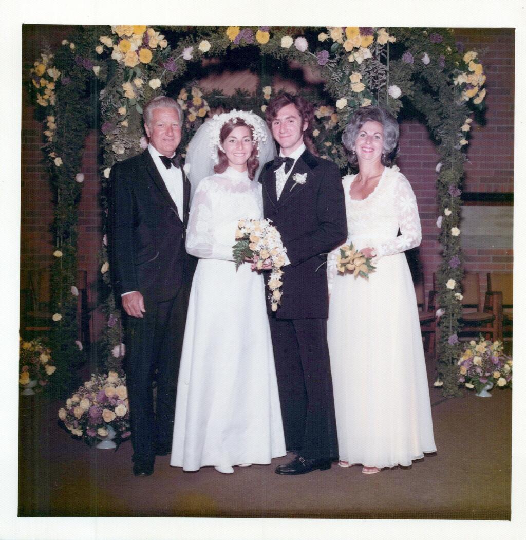 Gary and Barbara Greensweig, with Barbara’s parents Rosalie and Lester Schweit, on their wedding day, Aug. 6, 1972.