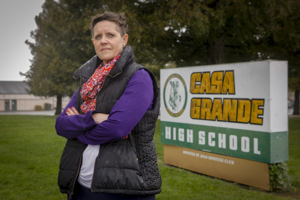 Jennifer Inden, a parent of a 10th grader at Casa Grande High School, said she is unhappy with the school’s response to an assault on campus. Tuesday, February 28, 2023. (CRISSY PASCUAL/ARGUS-COURIER STAFF)