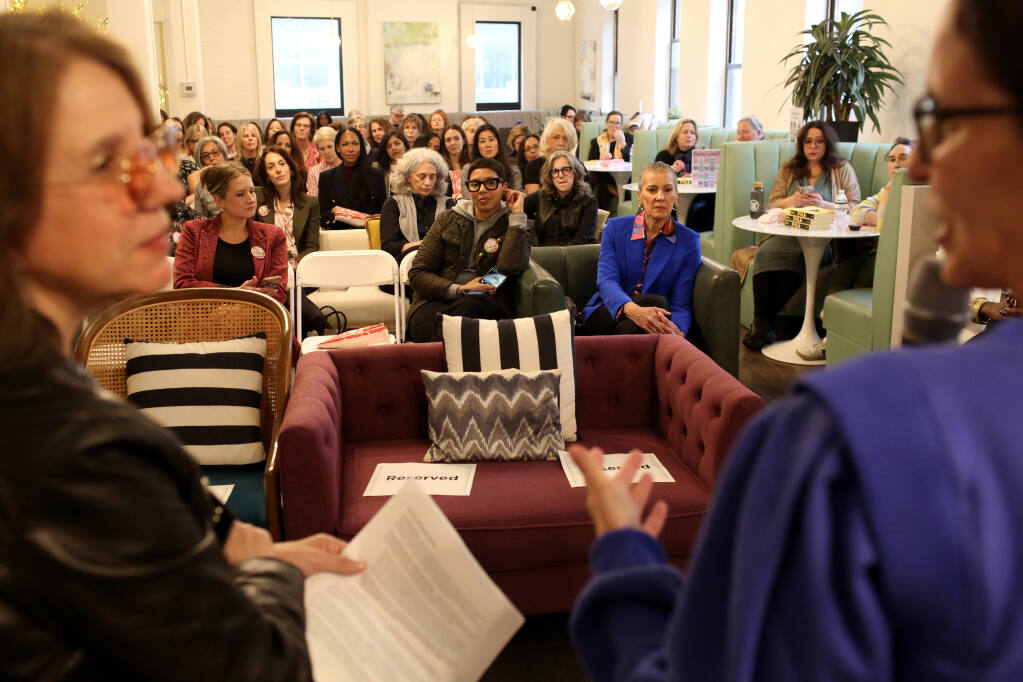 Women at a networking club in Manhattan gather to screen a documentary and talk about menopause on April 28, 2023. A new movement to create “menopause-friendly workplaces” is catching on, beginning in Britain, where menopausal women are believed to be the fastest growing work force demographic. (Yana Paskova/The New York Times)