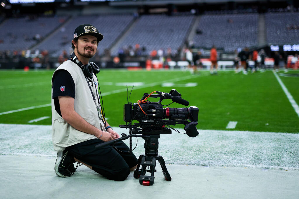Santa Rosa Junior College graduate Sam Freed received his first Emmy in June for his work on the Raiders’ 2021 Schedule Reveal Feature, “The Quiet’s Almost Over.” (Courtesy of Sam Freed)