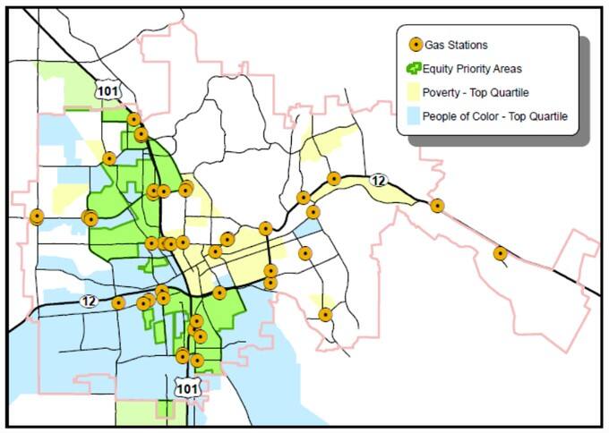 Santa Rosa's 46 gas stations plotted on a map show that 44 of them are in areas where low income and communities of color overlap, according to 2020 census data. (Amy Nicholson/City of Santa Rosa)