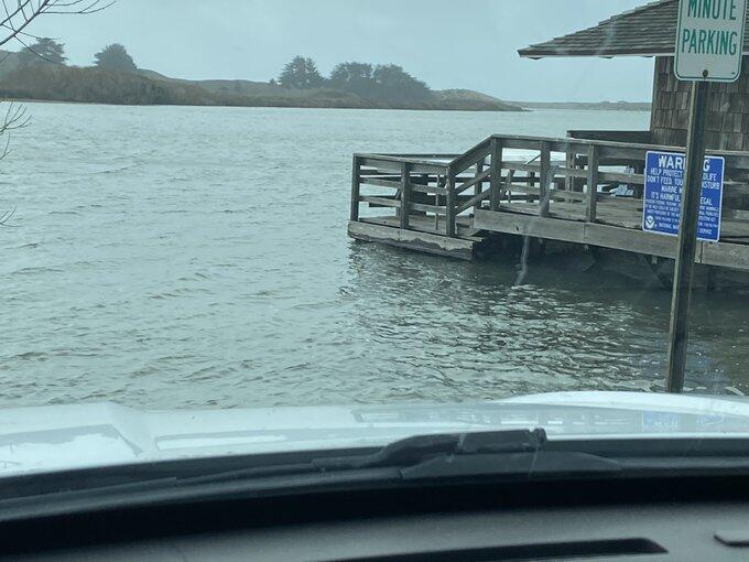 With the mouth of the Russian River closed, the water level was rising toward flood stage at the Jenner Visitors Center, Wednesday, Jan. 27, 2021. (Sonoma County Sheriff’s Office)