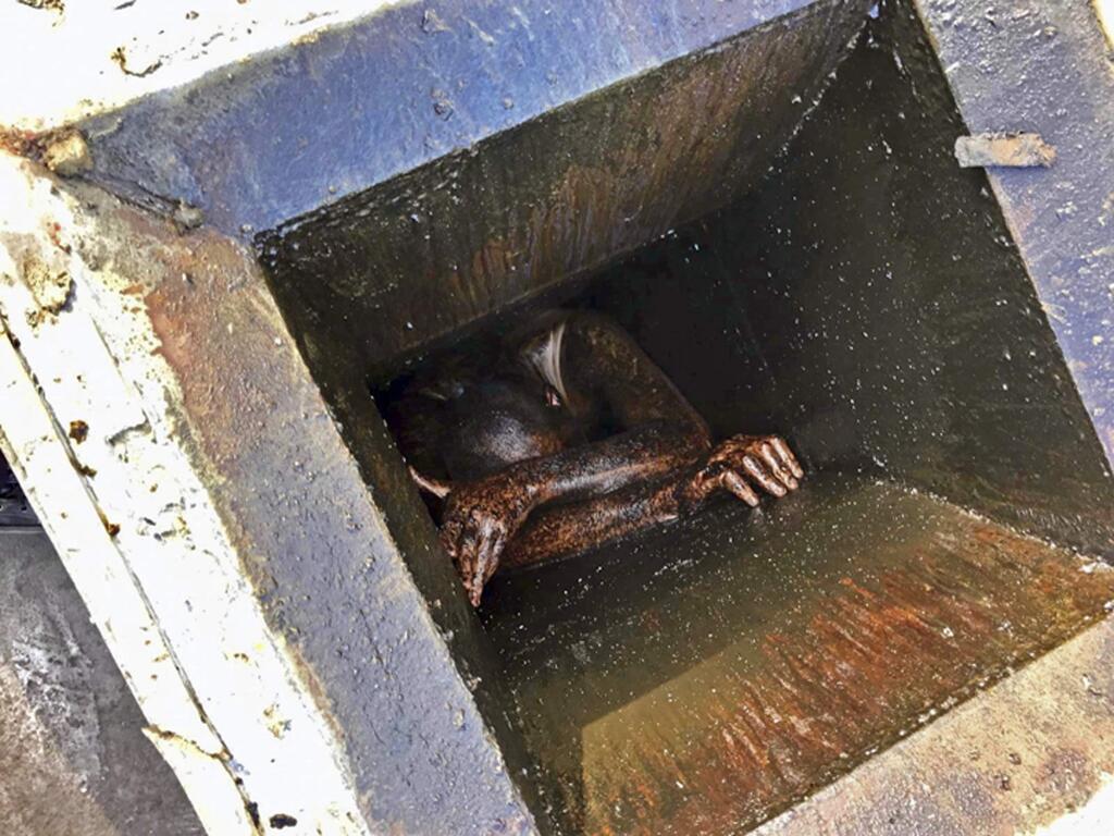 This photo provided by the Alameda County Sheriff's Office shows a man who was possibly trying to burglarize an abandoned Chinese restaurant in San Lorenzo, Calif., trapped in a grease vent before he was rescued Wednesday, Dec. 12, 2018. Officials say he had been trapped for two days. Deputies and firefighters were called to the vacant building on Wednesday after someone heard cries for help. The sheriff tweeted that the man was trespassing and possibly trying to burglarize the empty restaurant. (Alameda County Sheriff's Office via AP)