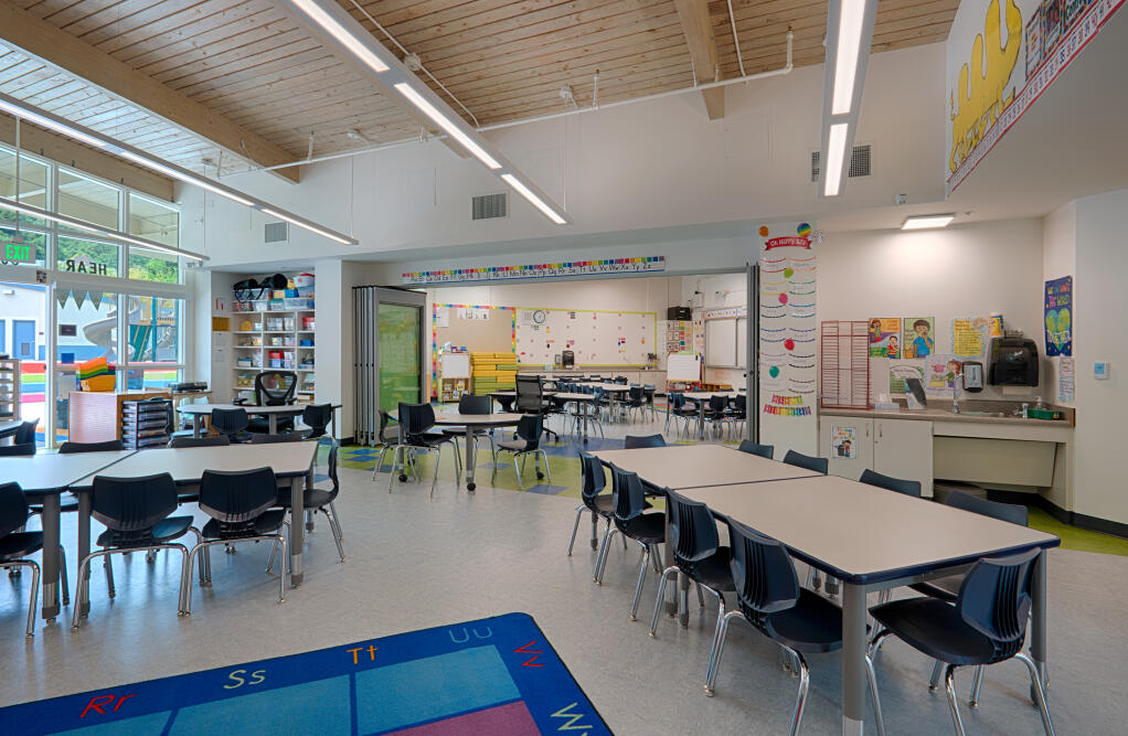 Modernized and flexible meeting spaces accommodate team teaching. Small-group rooms were added for conference space, parent/teacher conferences and tutoring at Laurel Dell Elementary School, seen here on July 15, 2020. (Courtesy of Quattrocchi Kwok Architects)