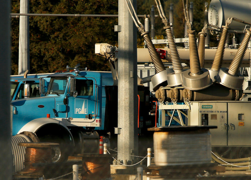 Pacific Gas &  Electric equipment is seen at the substation on River Road in Santa Rosa. The San Francisco-based utility warned Sunday night of a possible “dry offshore wind event” on Tuesday that could trigger public safety power shut-offs affecting 39,000 customers across 16 counties to mitigate wildfire risk. (Alvin Jornada / The Press Democrat)