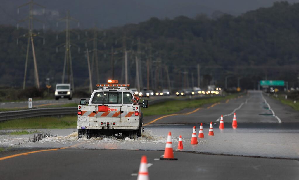 The westbound lanes of Highway 37 in Marin County remain closed as floodwater inundates the commute corridor on Friday, Feb. 15, 2019. (KENT PORTER/ PD)