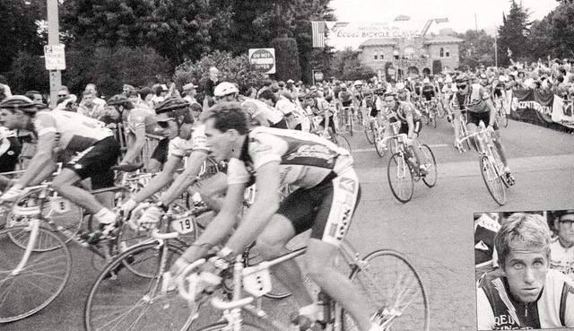 Sonoma was host to several starts of a Coors Classic bicycle race from 1985 to 1988. This shot from the 1986 start, shows the cyclists leaving the Plaza and turning up Napa Street. Greg LeMond, inset, placed second in the Coors race in 1986, but was the first American to win the Tour de France that year.