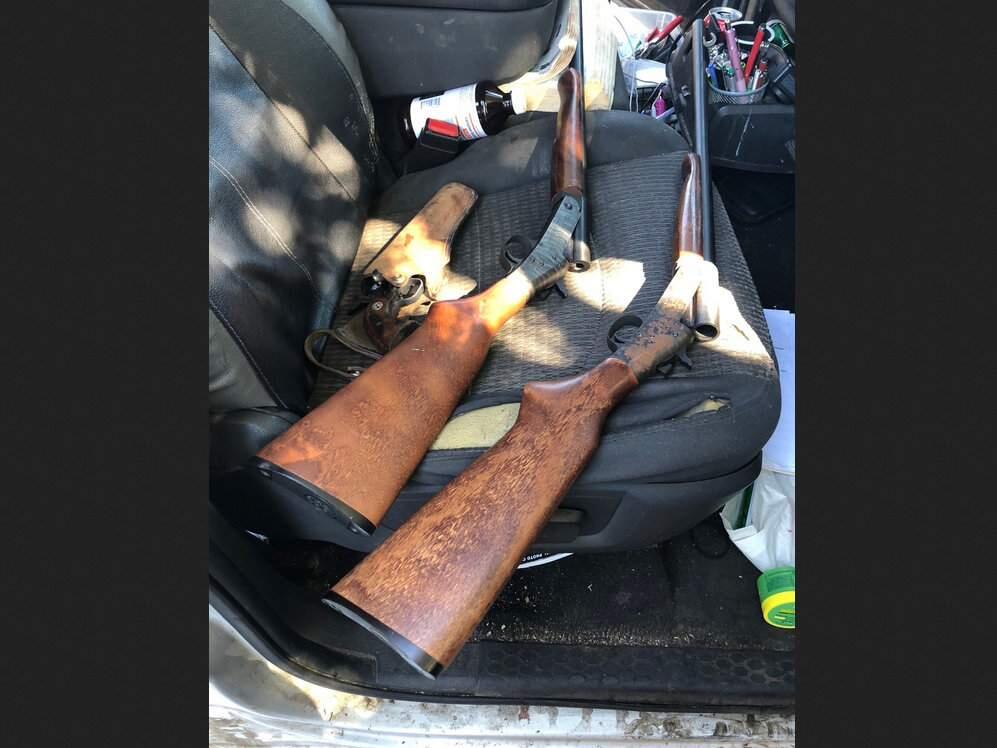 The firearms police discovered in the pickup truck of a man in a store parking lot on Thursday, Sept. 13, 2018, leading to the arrests of two convicted felons. (ROHNERT PARK DEPARTMENT OF PUBLIC SAFETY)
