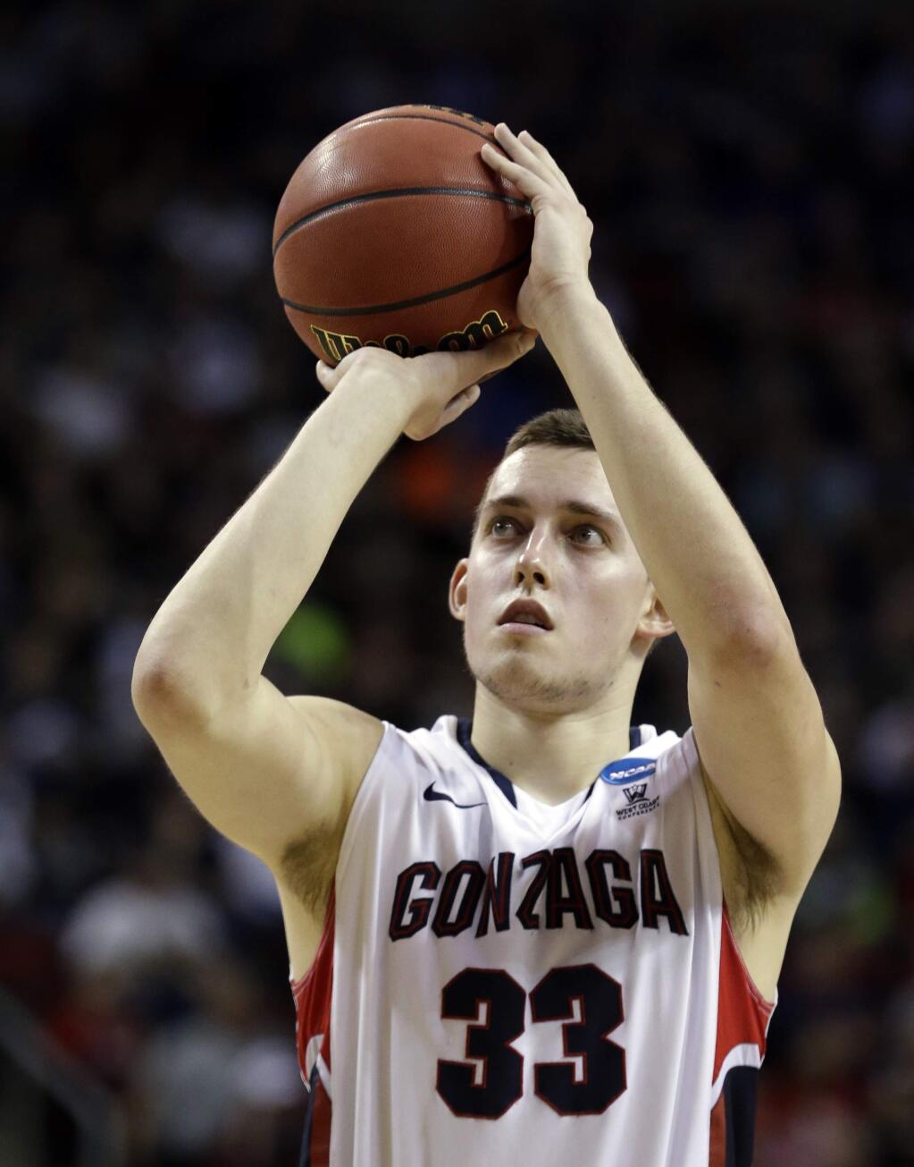 Gonzaga's Kyle Wiltjer shoots a free throw against North Dakota State during the second half of an NCAA tournament college basketball game in the Round of 64 in Seattle, Friday, March 20, 2015. Wiltjer led all scorers with 33 points and Gonzaga won 86-76. (AP Photo/Elaine Thompson)