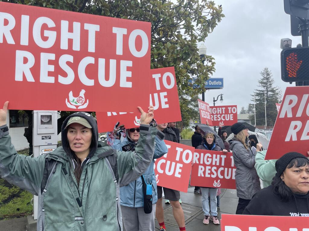 Members of Direct Action Everyone rallied in downtown Petaluma Sunday in support of animal activists charged with criminal offenses in Sonoma County. 2023. (The Press Democrat)