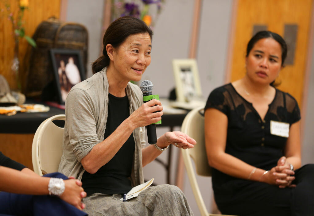 Gayle Okumura Sullivan shares her life experiences during the Healdsburg Diversity, Equity and Inclusion’s Community Encuentro featuring Contemporary and Historical Experiences of the Asian American and Pacific Islander Community in Healdsburg and Sonoma County, in Healdsburg on Thursday, April 27, 2023.  (Christopher Chung/The Press Democrat)